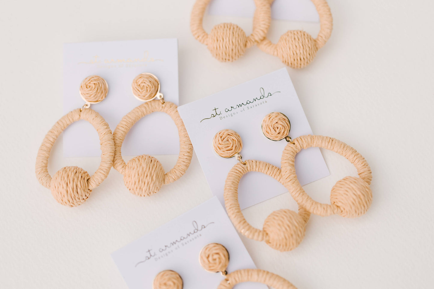 Brown Raffia Pom Pom Statement Hoop Earrings