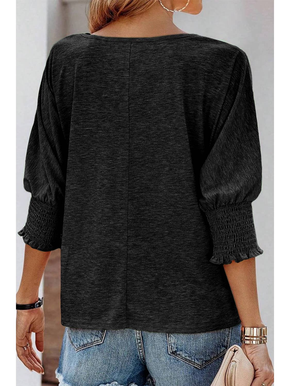 Smocked 3/4 Sleeve Casual Loose Top