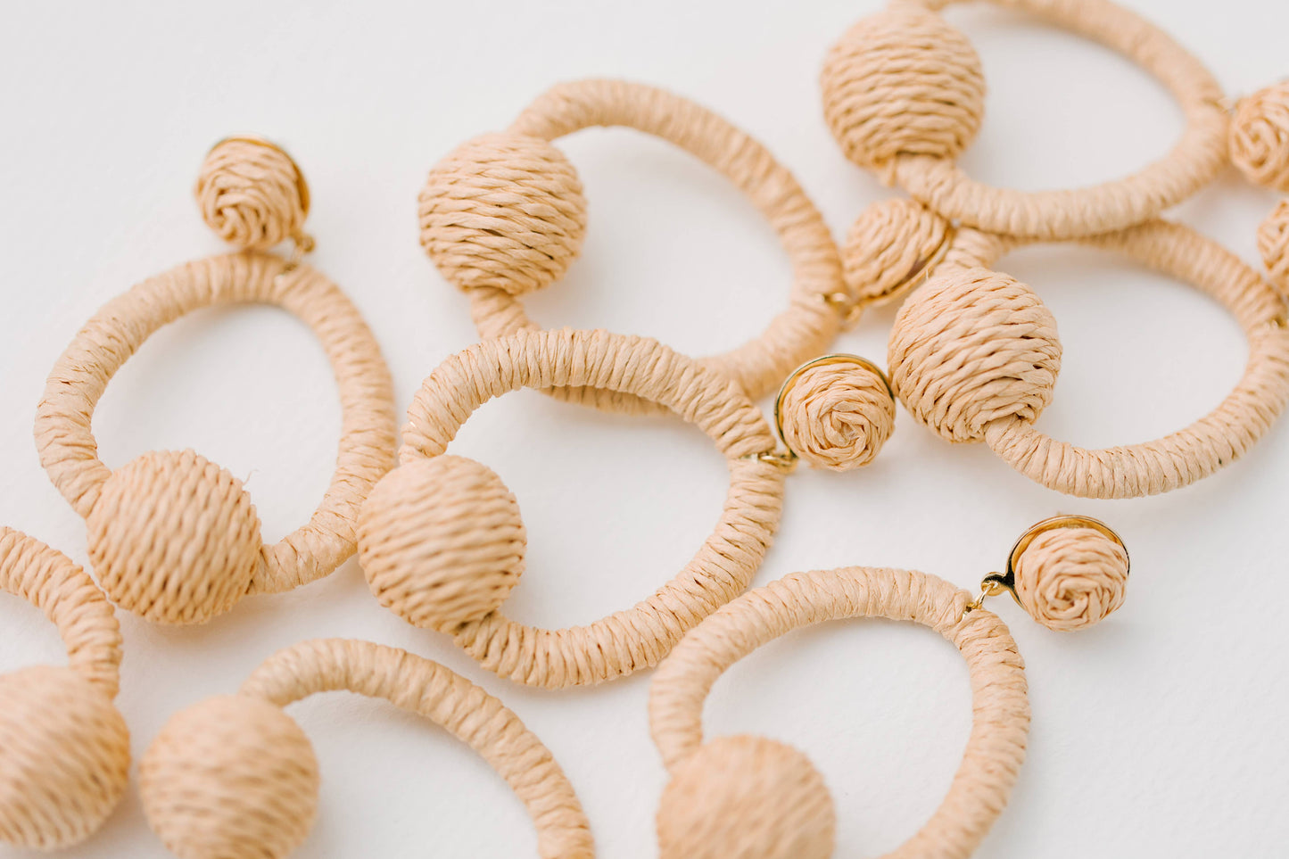 Brown Raffia Pom Pom Statement Hoop Earrings