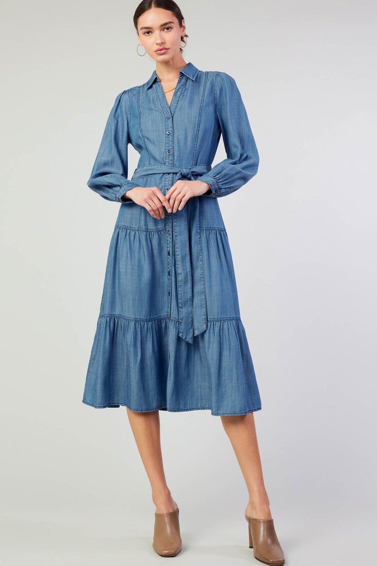 Chambray Button Down Tiered Skirt Dress