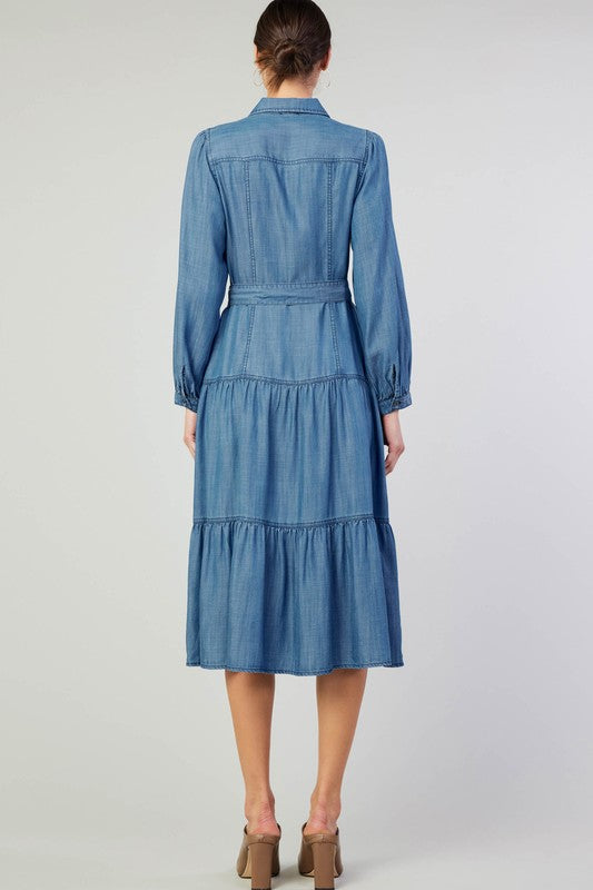 Chambray Button Down Tiered Skirt Dress