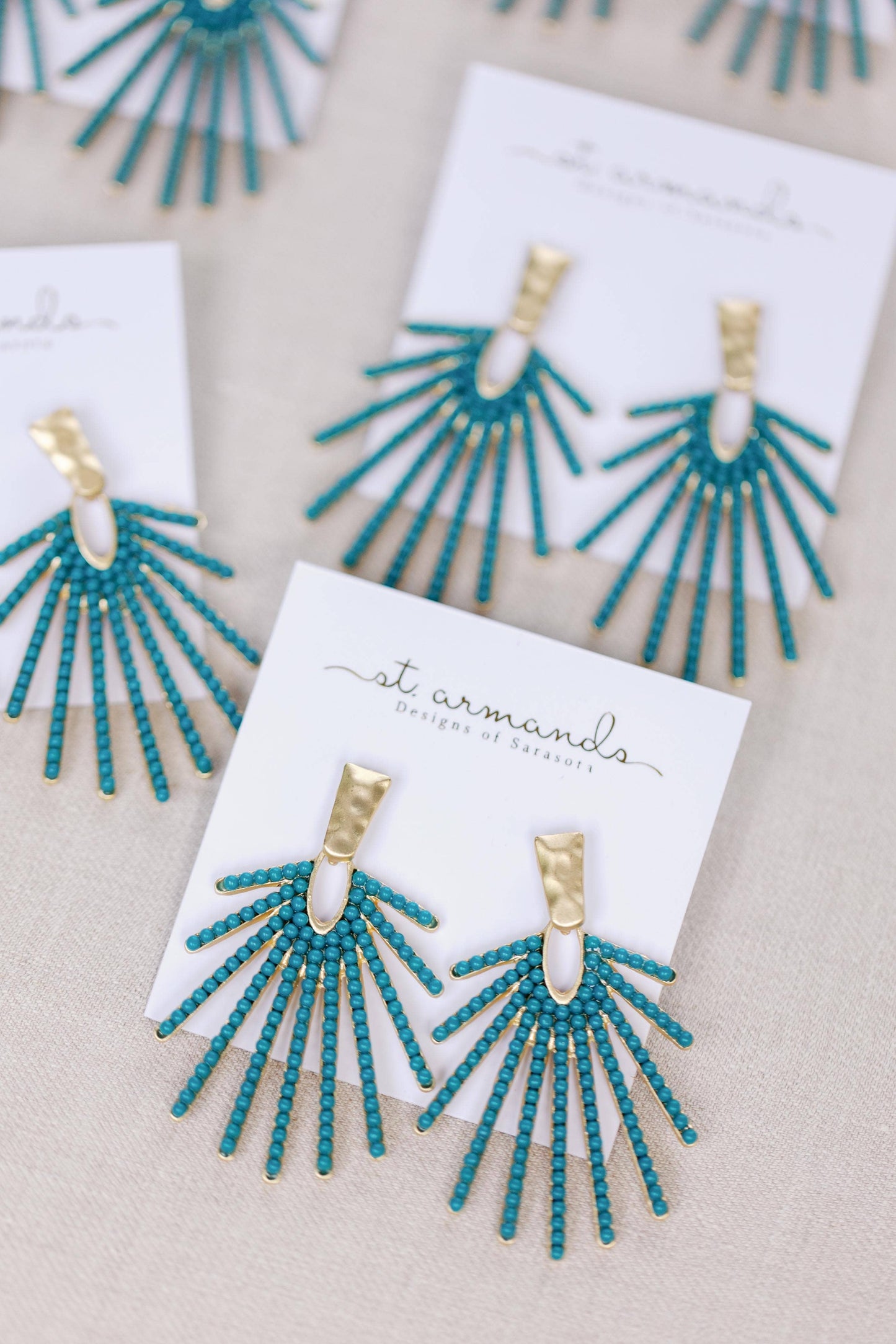 St Armands Designs of Sarasota - Dark Turquoise Sunburst Statement Drop Earrings