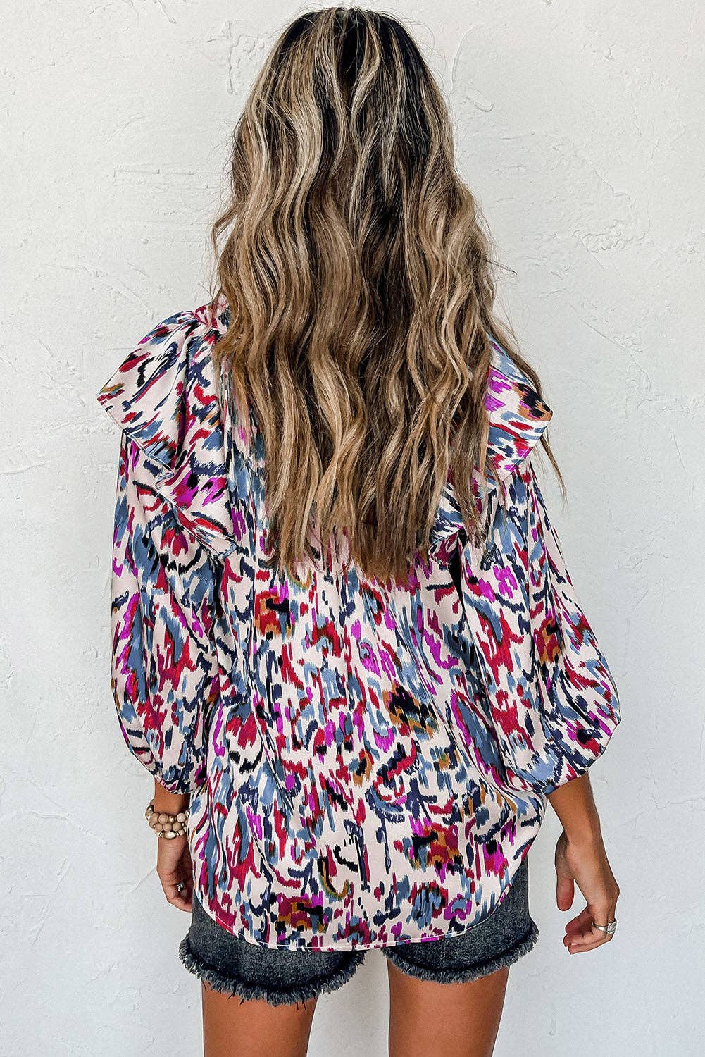 Abstract Print Ruffle Blouse