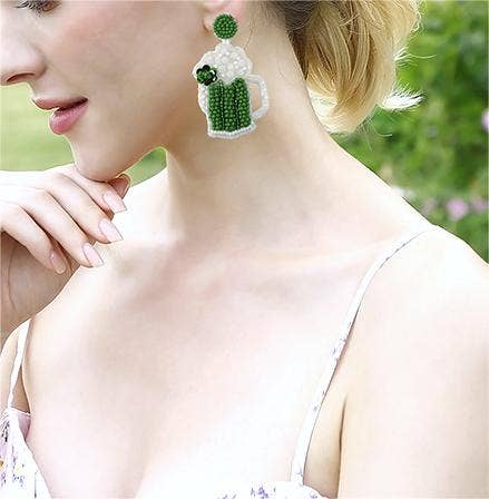 Women green beer mug St. Patrick's Day rice bead earrings