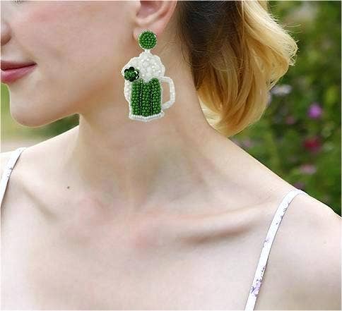 Women green beer mug St. Patrick's Day rice bead earrings