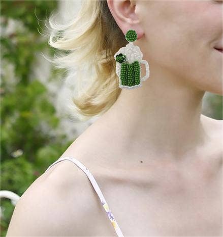 Women green beer mug St. Patrick's Day rice bead earrings