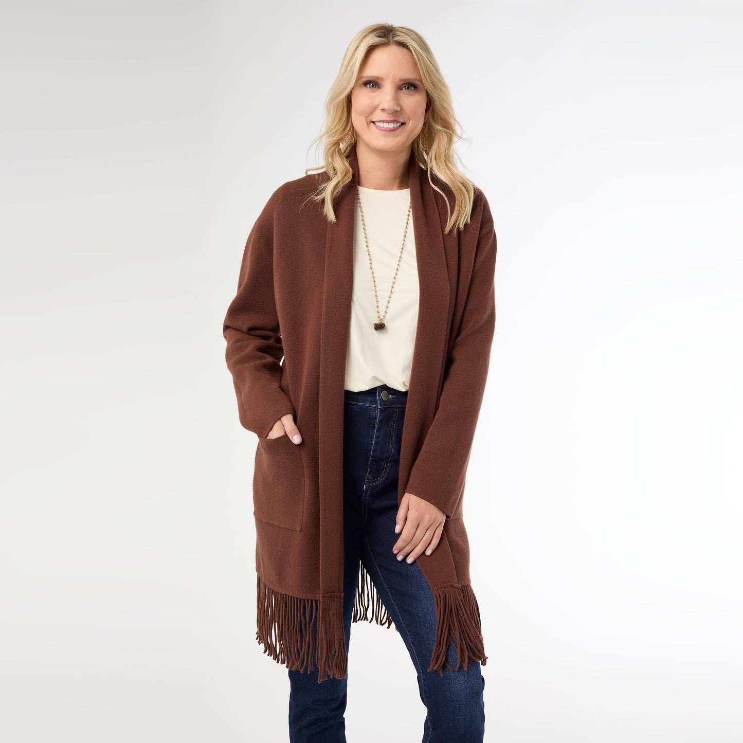 Heavenly-Luxe Mid Length Cardigan with Fringe