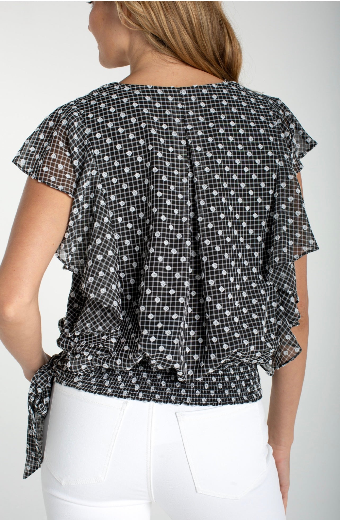 Short Ruffle Sleeve - Draped Front Blouse