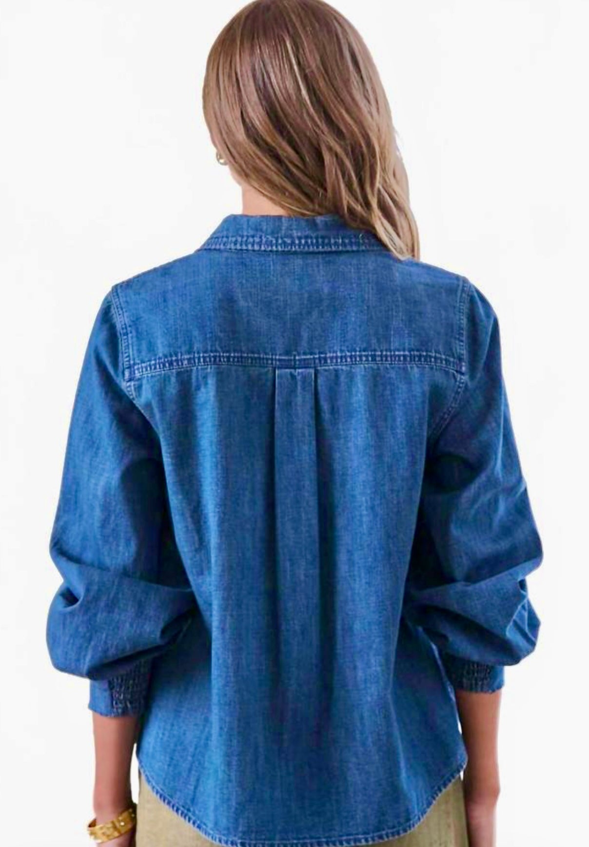 Women's Long Sleeve Half Button Denim Top in Blue
