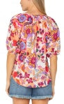 Short Sleeve Button Front Shirred Woven Blouse