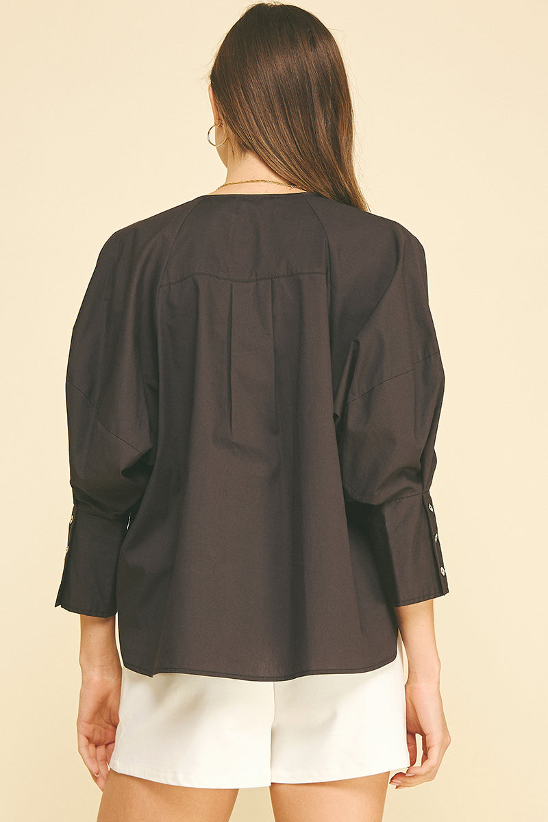 Pinch 3/4 Sleeve Button Down Blouse