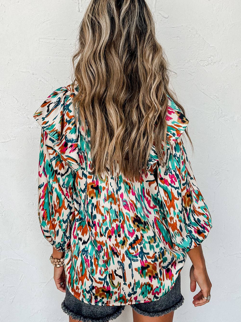 Abstract Print Ruffle Blouse