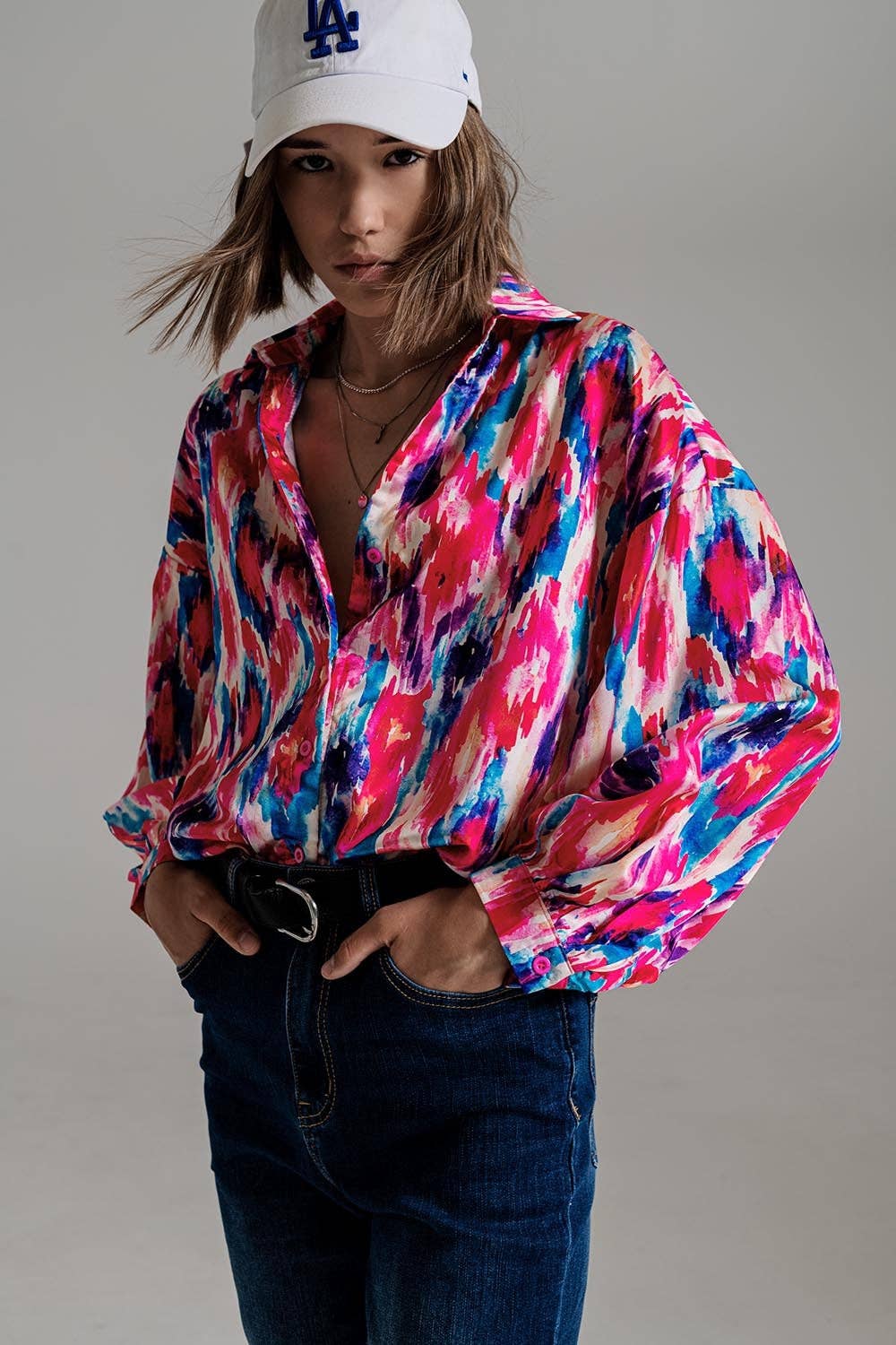 Oversized Button Down Shirt In Abstract Pink And Blue