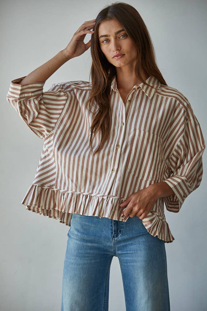 By Together Woven Cotton Striped Button Down Shirt Top