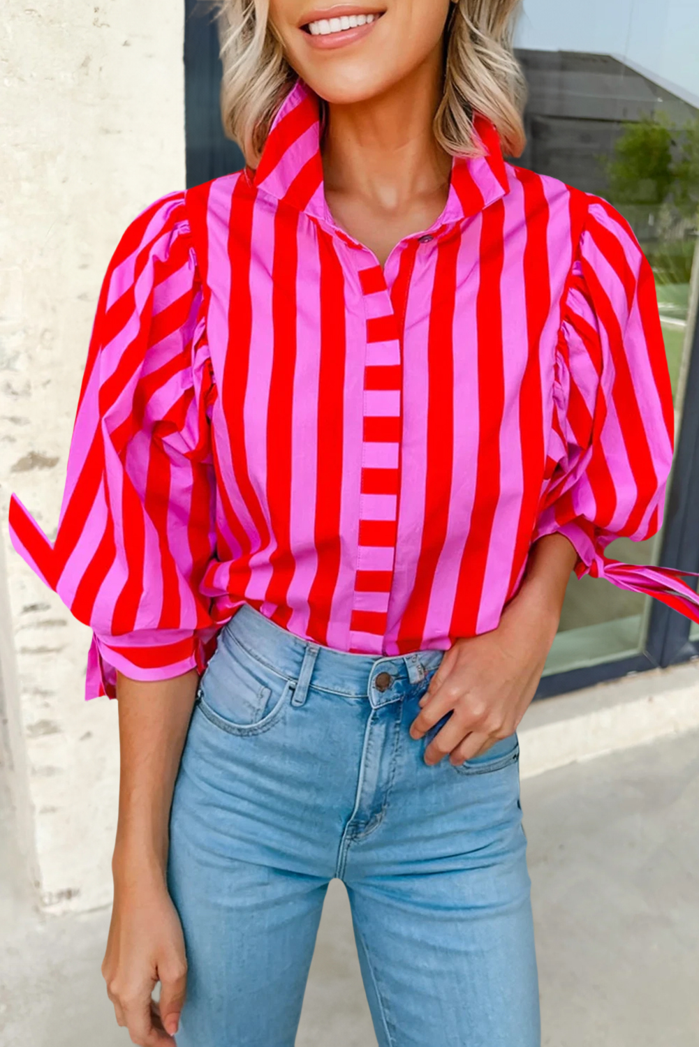 Aapparella - Stripe Tie Sleeve Button Down Shirt
