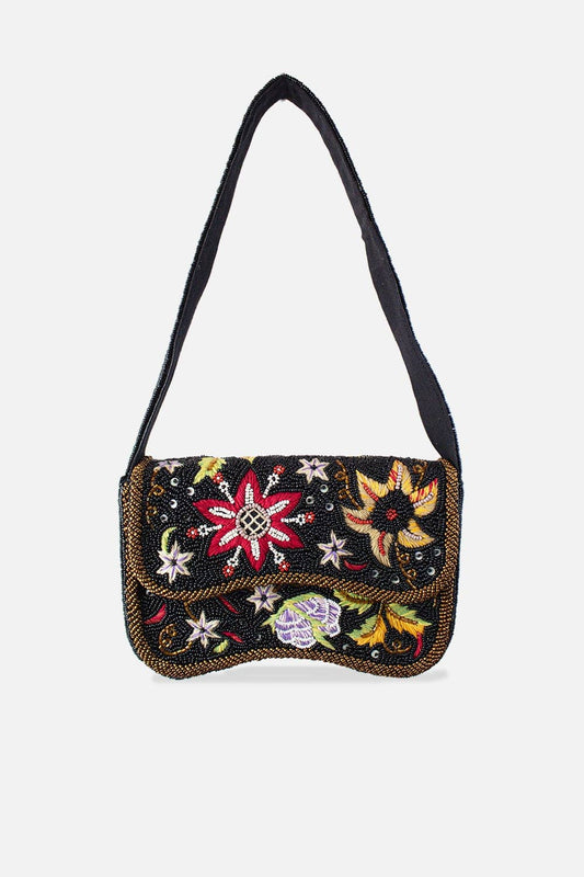 BLACK FLORAL BEADED SHOULDER BAG