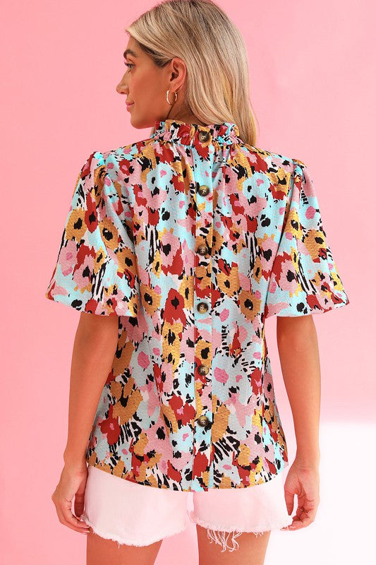Frilled Floral Puff Sleeve Blouse
