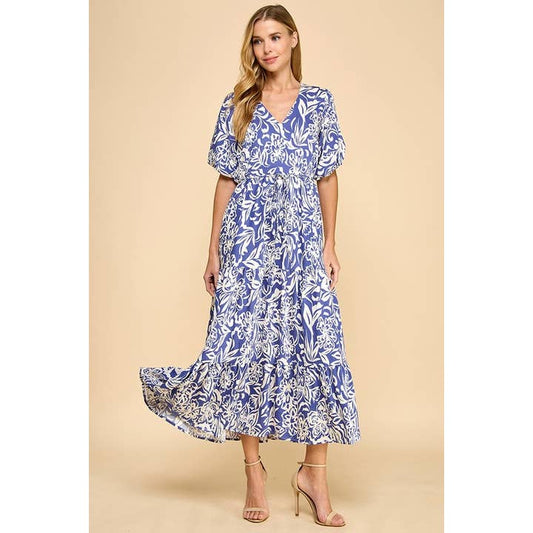 Abstract Floral Print Waist Tie Midi Dress