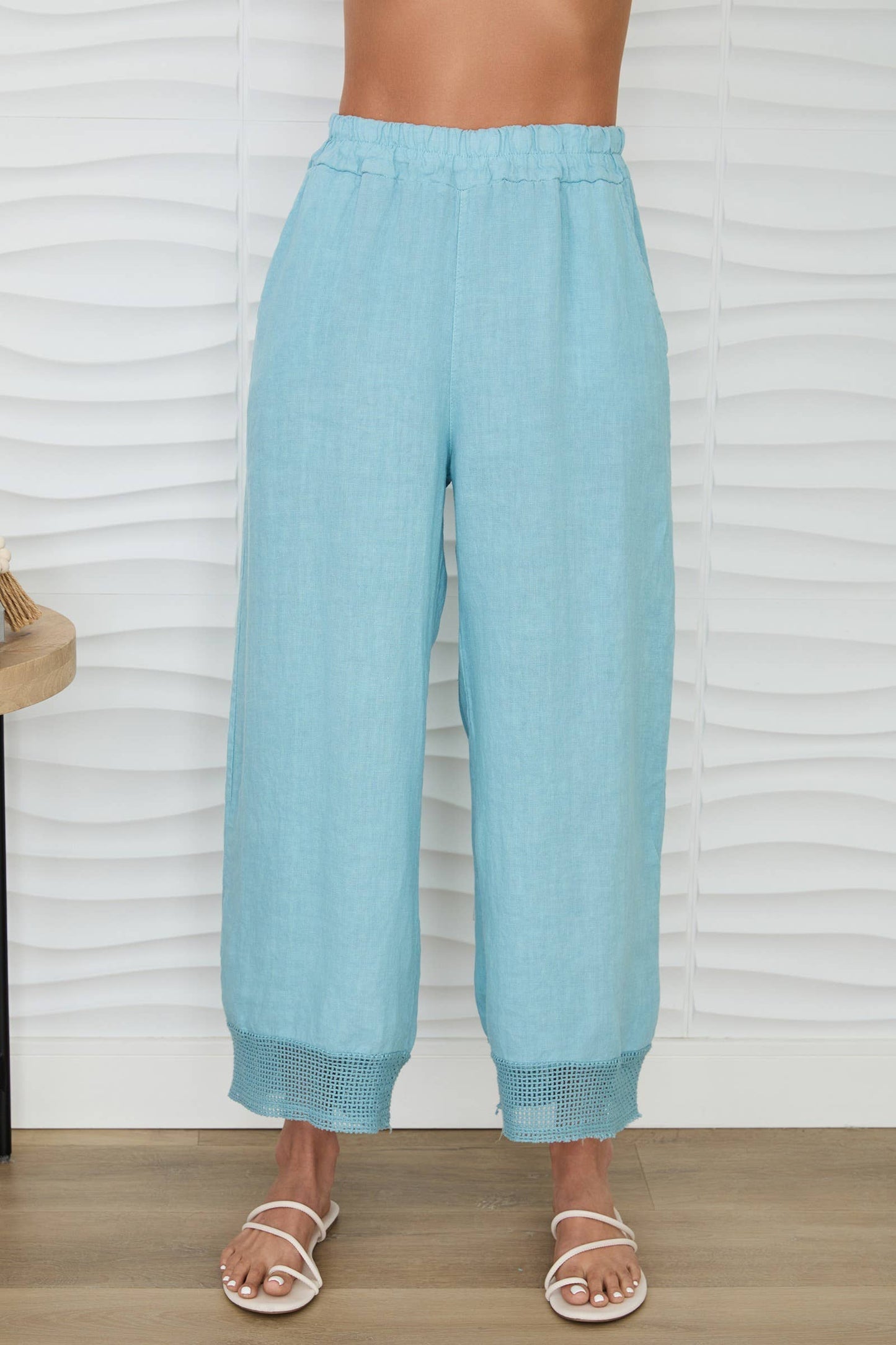 MILIO MILANO - Mesh Hem Wide Leg Linen Pants with Pockets