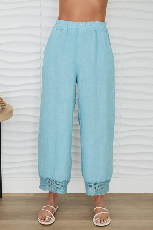 MILIO MILANO - Mesh Hem Wide Leg Linen Pants with Pockets