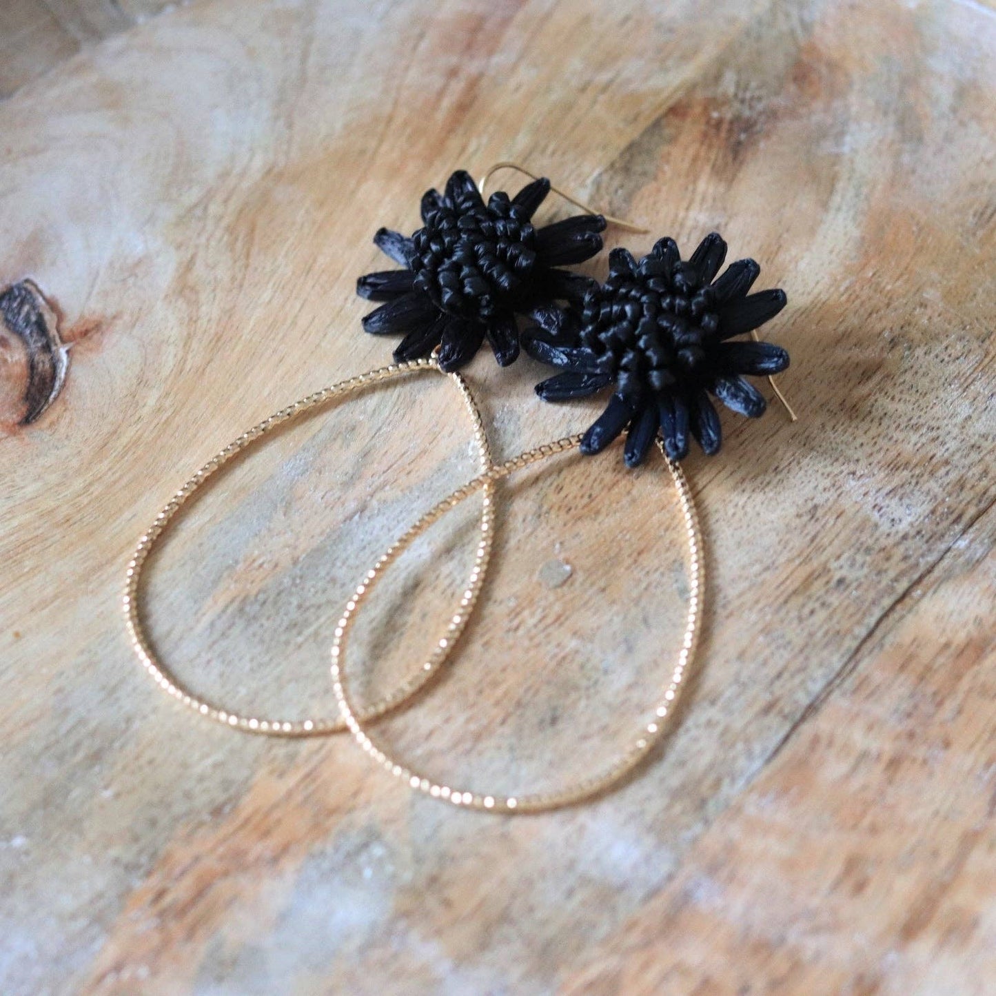 Black Raffia Flower Teardrop Dangle Earrings