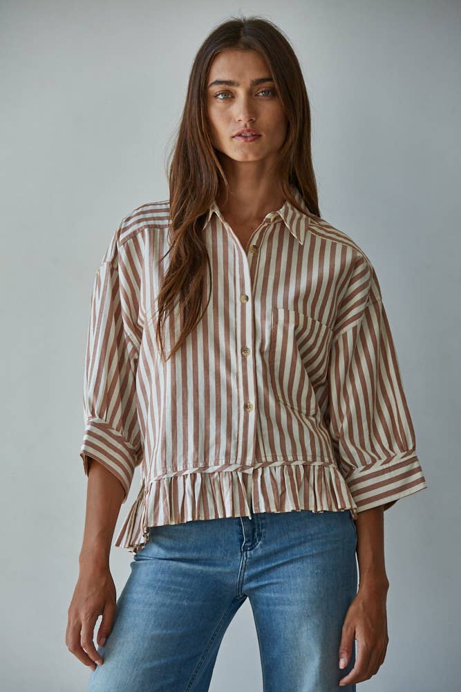 By Together Woven Cotton Striped Button Down Shirt Top