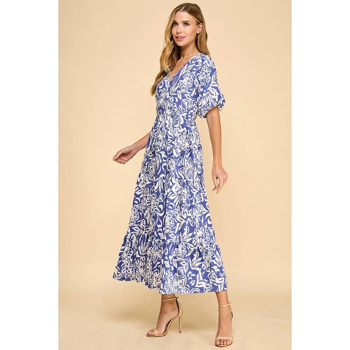 Abstract Floral Print Waist Tie Midi Dress