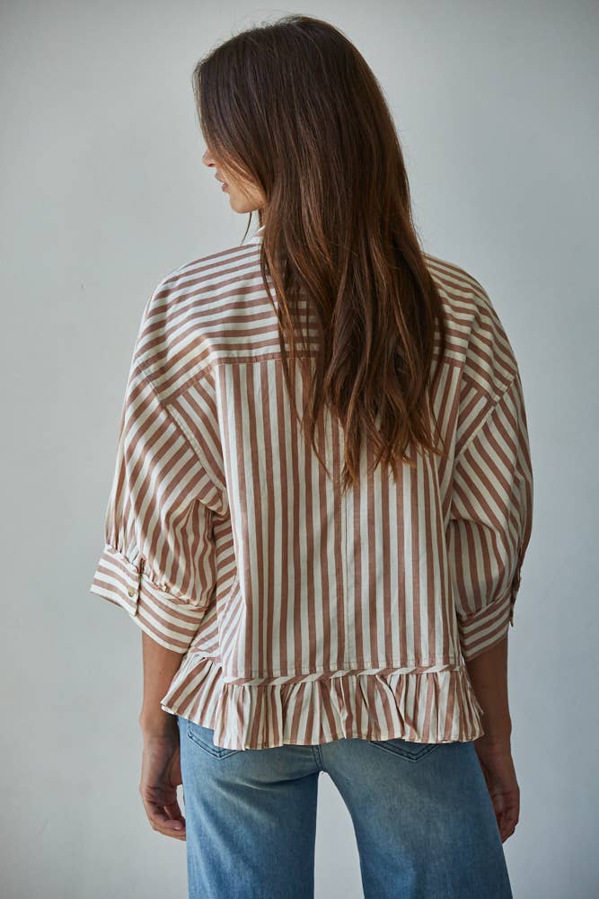 By Together Woven Cotton Striped Button Down Shirt Top