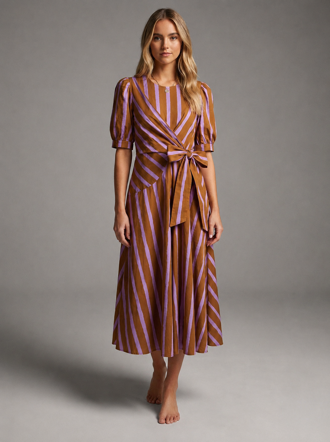 Meet Me In Santorini - Autumn Muse Stripe Wrap Midi Dress