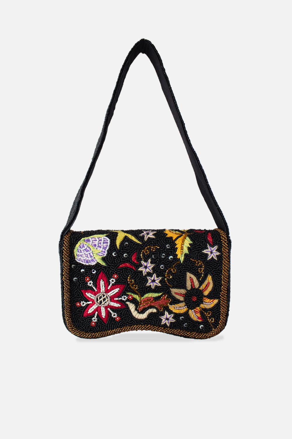 BLACK FLORAL BEADED SHOULDER BAG