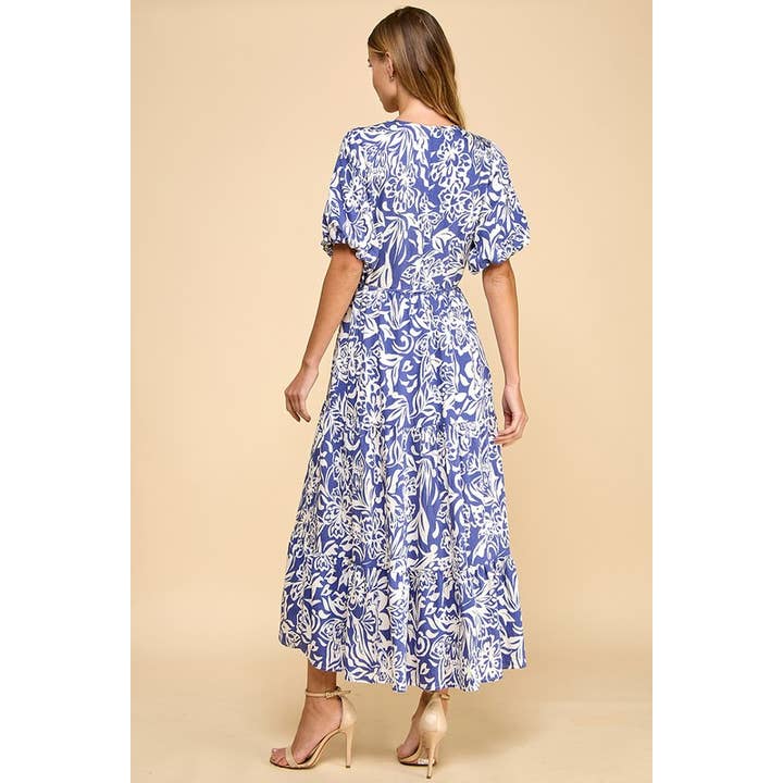 Abstract Floral Print Waist Tie Midi Dress