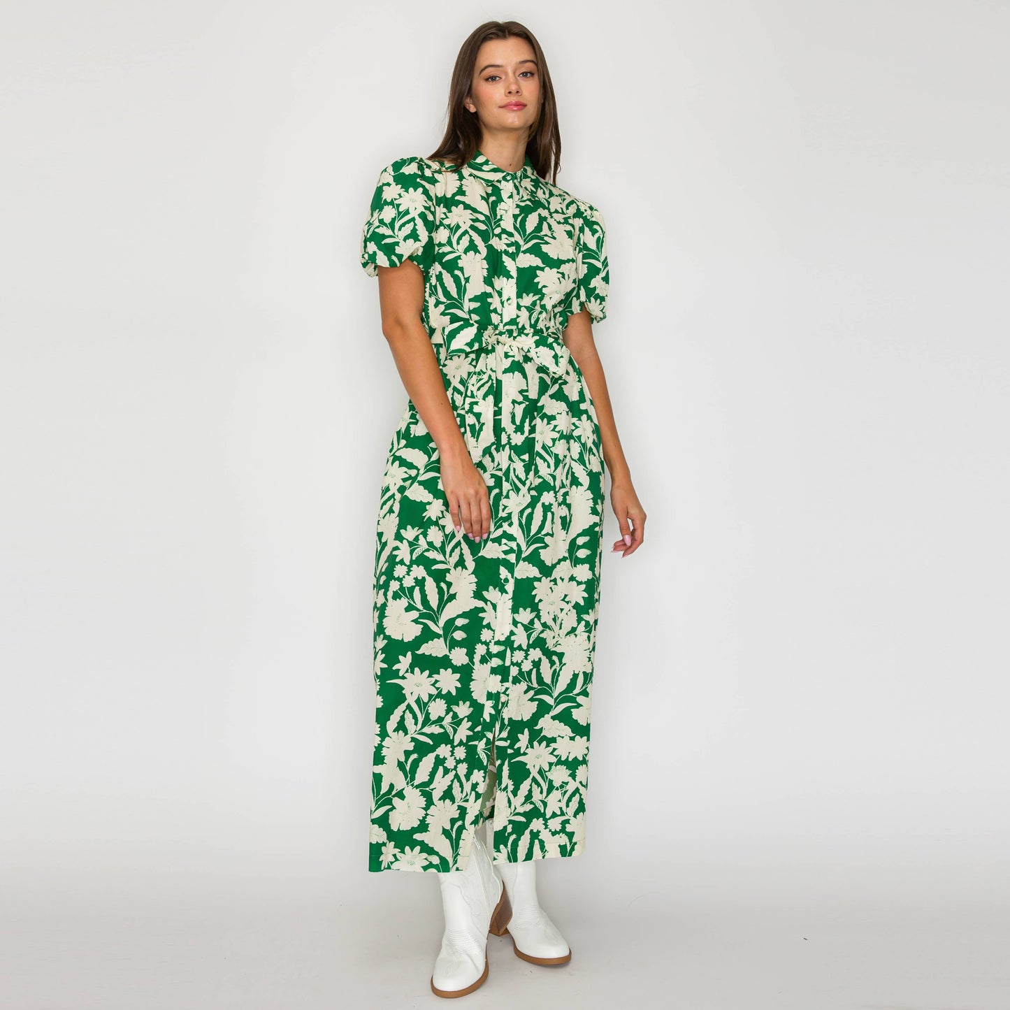 LoveWednesday - Emerald Meadow Belted Maxi Shirt Dress