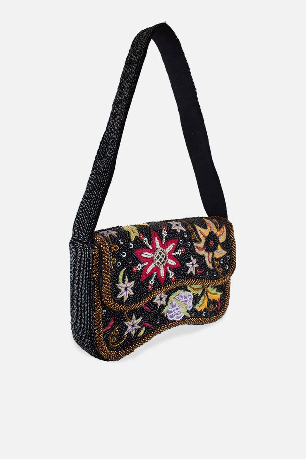 BLACK FLORAL BEADED SHOULDER BAG