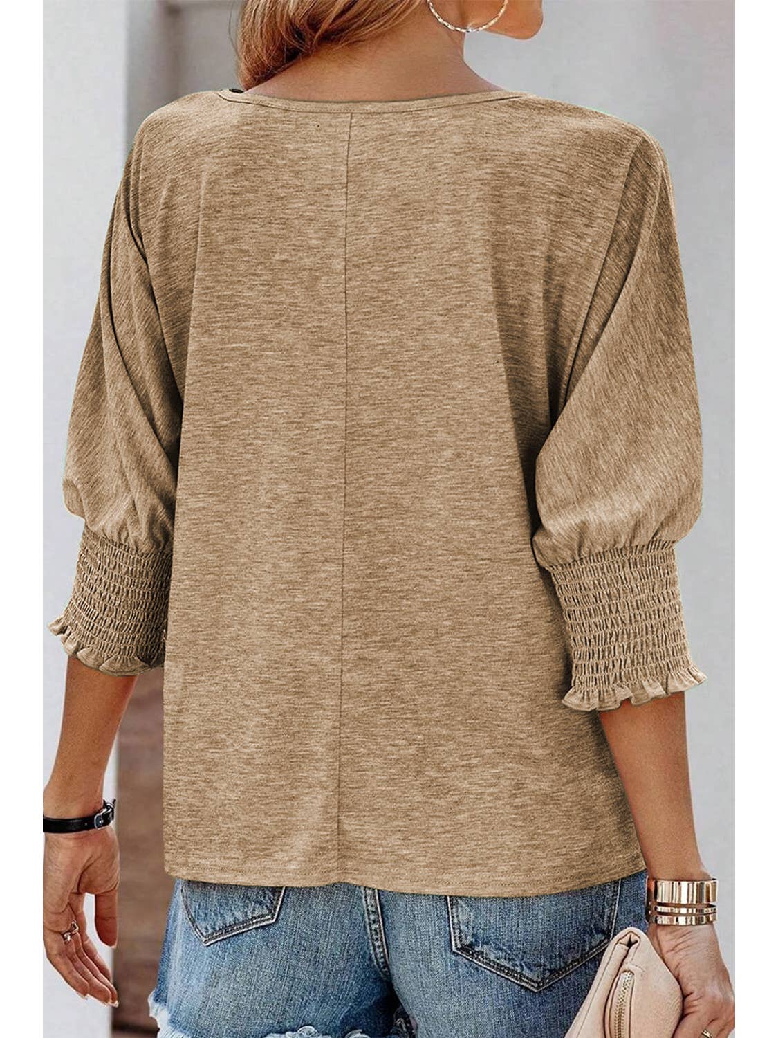 Smocked 3/4 Sleeve Casual Loose Top