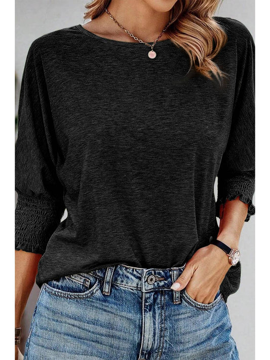 Smocked 3/4 Sleeve Casual Loose Top