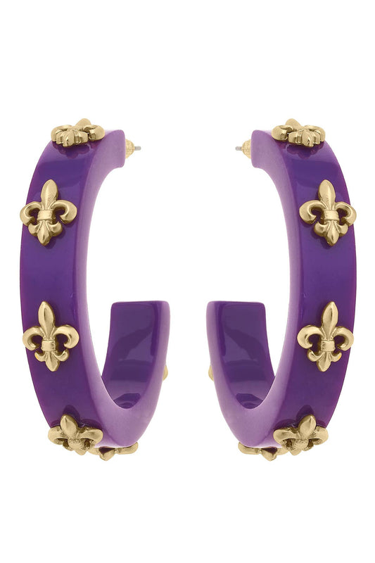 Canvas Style - Mardi Gras Fleur De Lis Resin Hoop Earrings