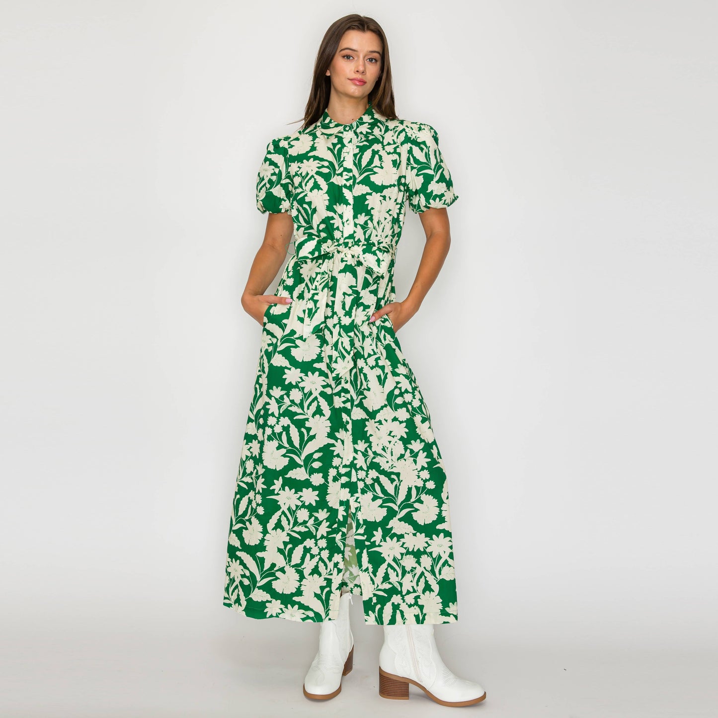 LoveWednesday - Emerald Meadow Belted Maxi Shirt Dress