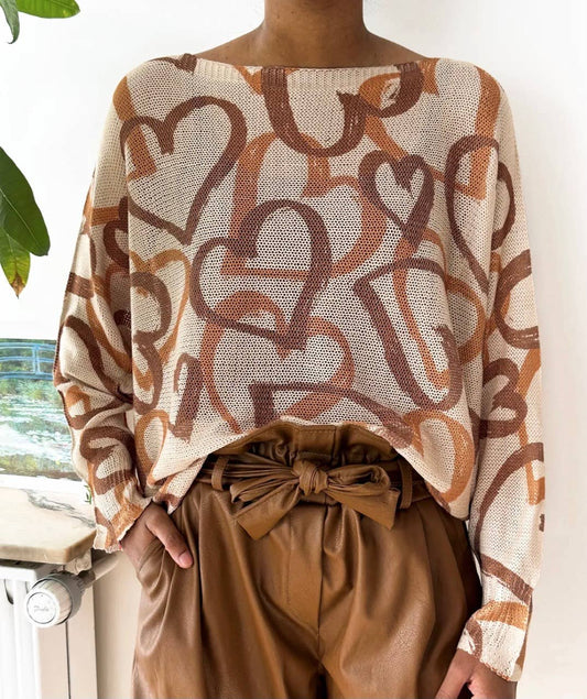 One Size Beige Heart Printed Knitted Sweater