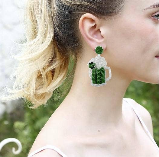 Women green beer mug St. Patrick's Day rice bead earrings