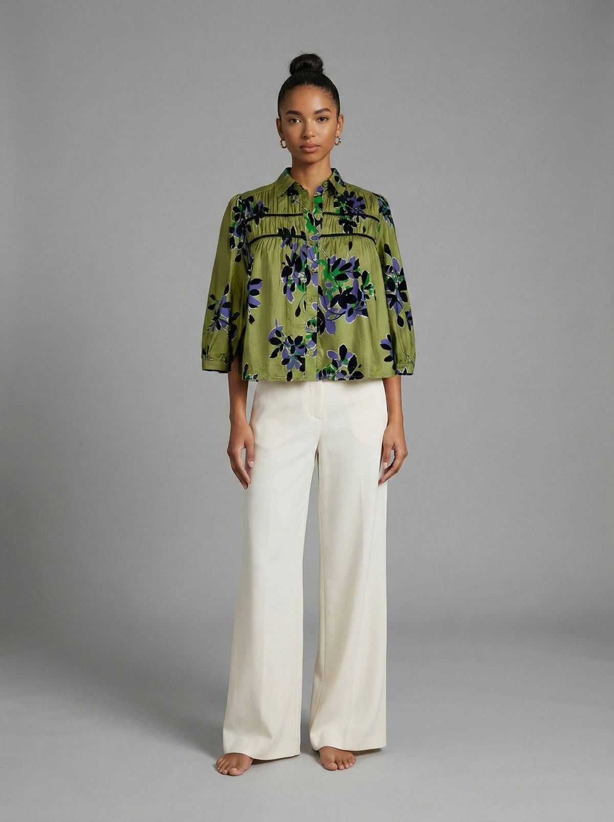 Meet Me In Santorini - Verdant Leaves Printed Pintuck Blouse
