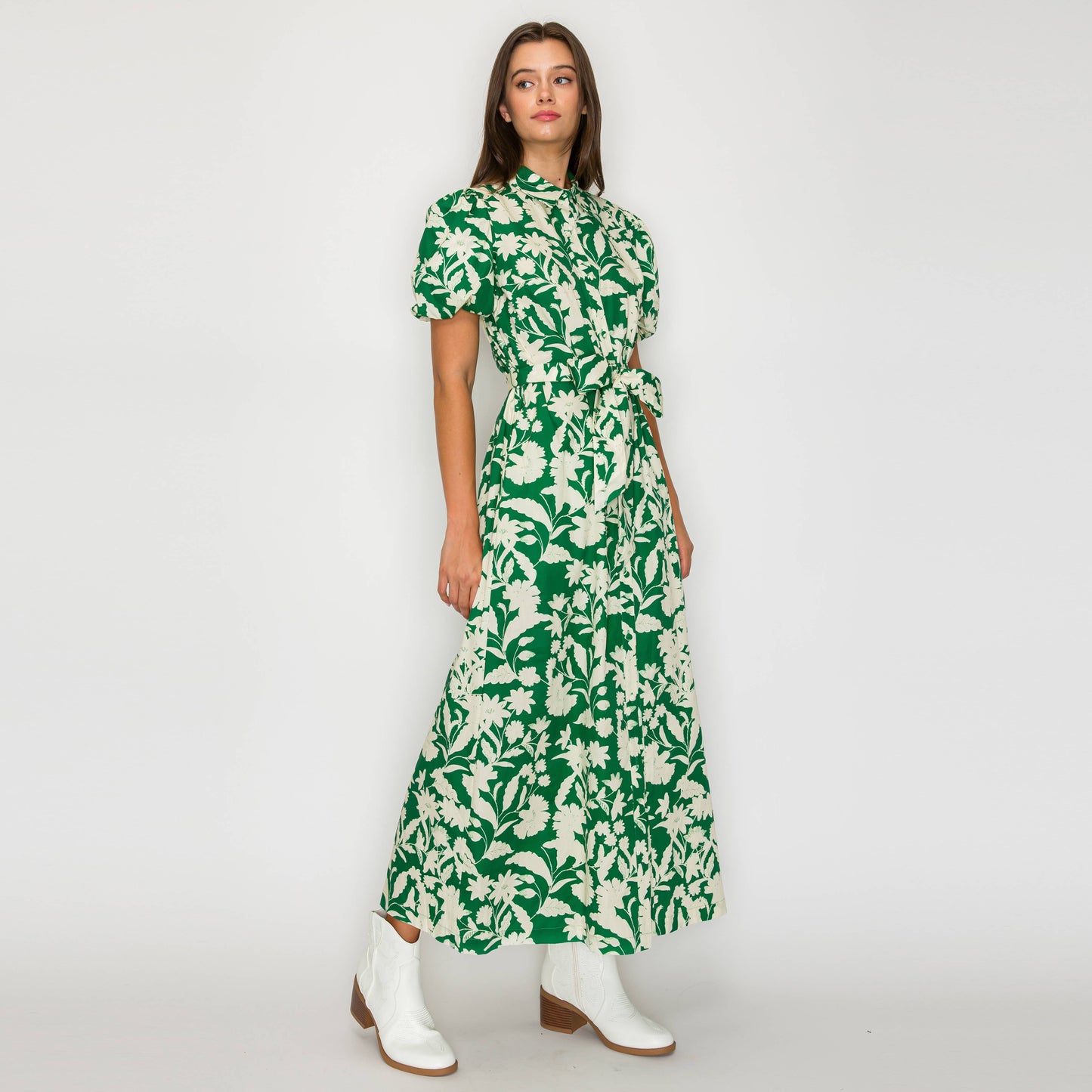 LoveWednesday - Emerald Meadow Belted Maxi Shirt Dress