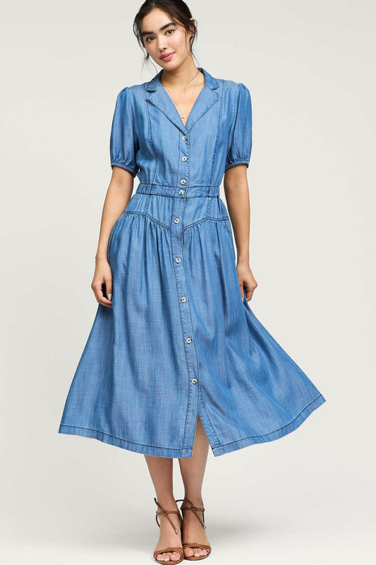 Chambray Button Front Midi Dress