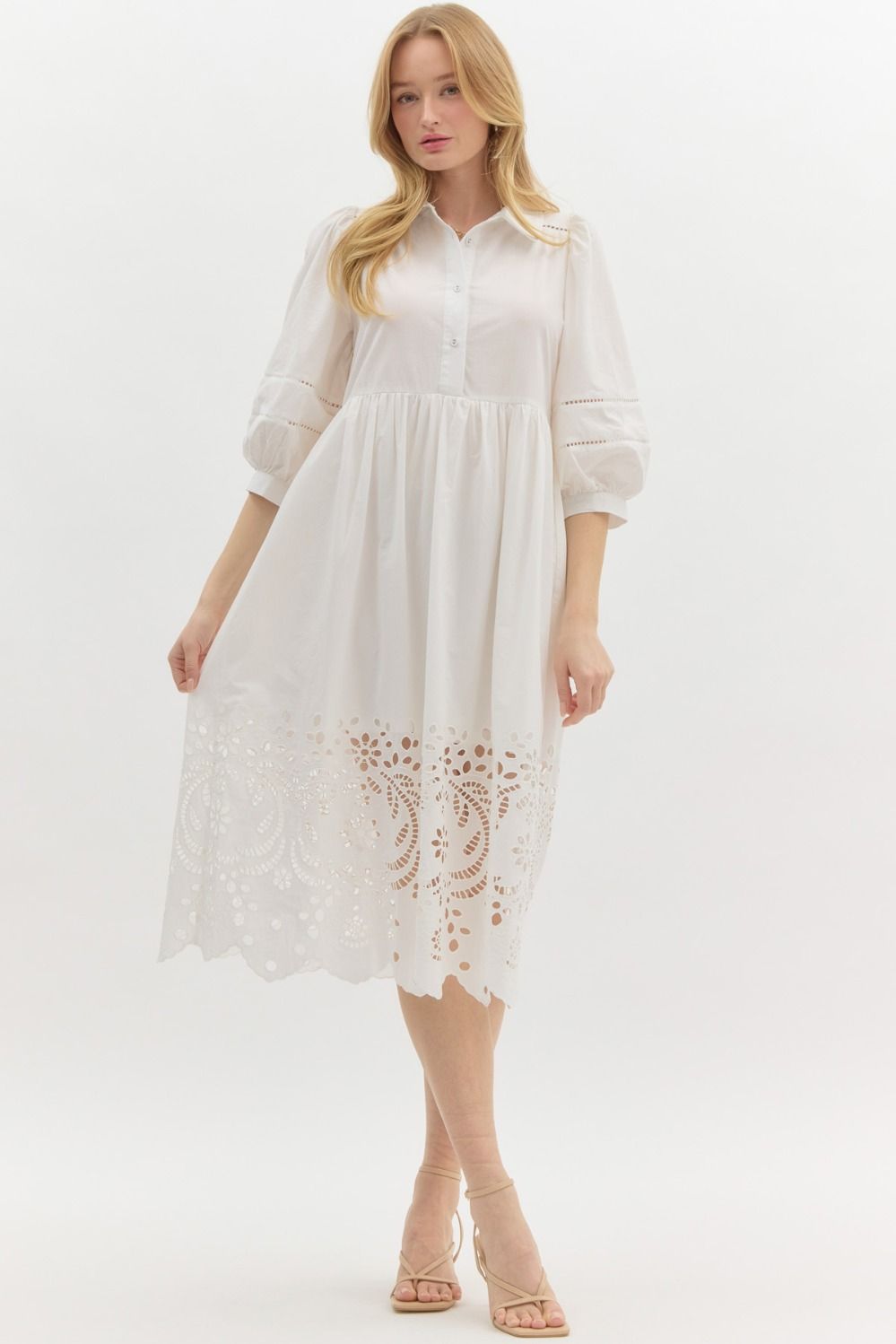 Eyelet Embroidered Bubble Sleeve Dress