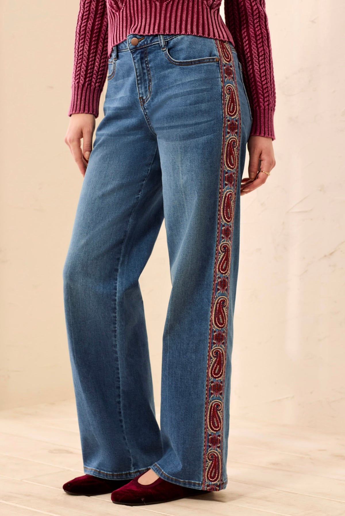 Audrey Wide Leg Denim w/ Fancy Embroidery
