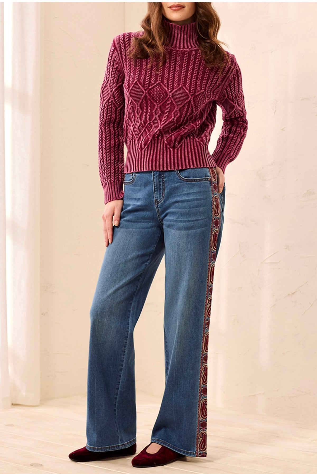 Audrey Wide Leg Denim w/ Fancy Embroidery