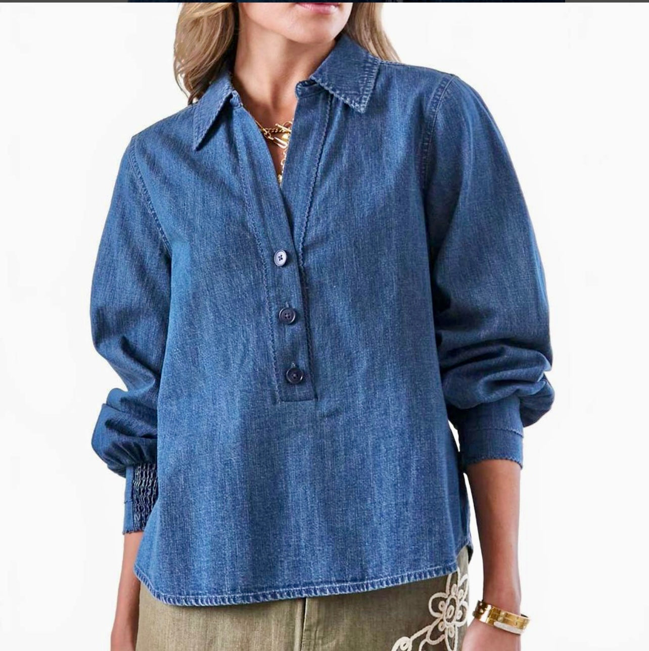 Women's Long Sleeve Half Button Denim Top in Blue