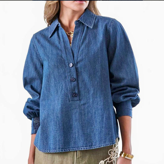 Women's Long Sleeve Half Button Denim Top in Blue