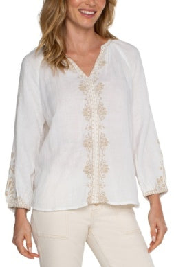 Liverpool Long Sleeve Embroidered Double Gauze Woven Top