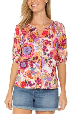 Short Sleeve Button Front Shirred Woven Blouse