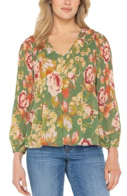Olive V-Neck Pleated Top